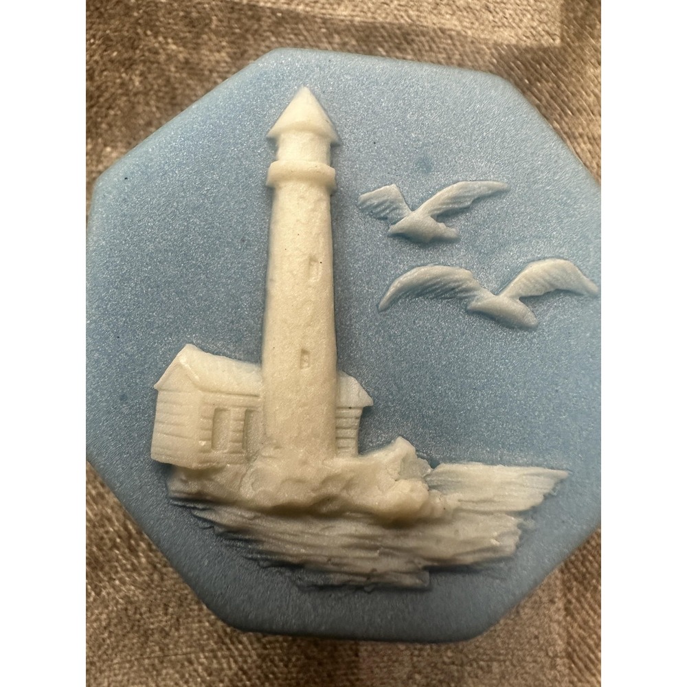 Vintage 1974 Lighthouse Trinket Box Cast Alabaster Stone Coastal Decor USA